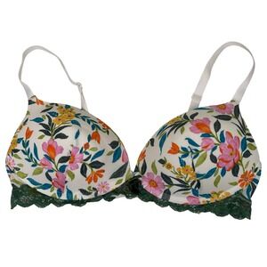 Adore Me Floral Bra 32D‎ Green Lace Trim Padded Push Up White Pink Orange Yellow